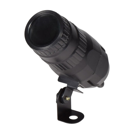 QTX 10W RGBW LED spotlight in black with tilt-adjustable bracket and narrow-beam lens, shown against a plain white background.