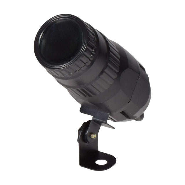 QTX 10W RGBW LED spotlight in black with tilt-adjustable bracket and narrow-beam lens, shown against a plain white background.