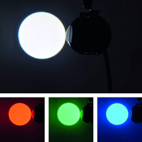 QTX 10W RGBW LED spotlight by AVSL shown projecting white, red, green, and blue narrow beams from its compact black housing against a dark background.