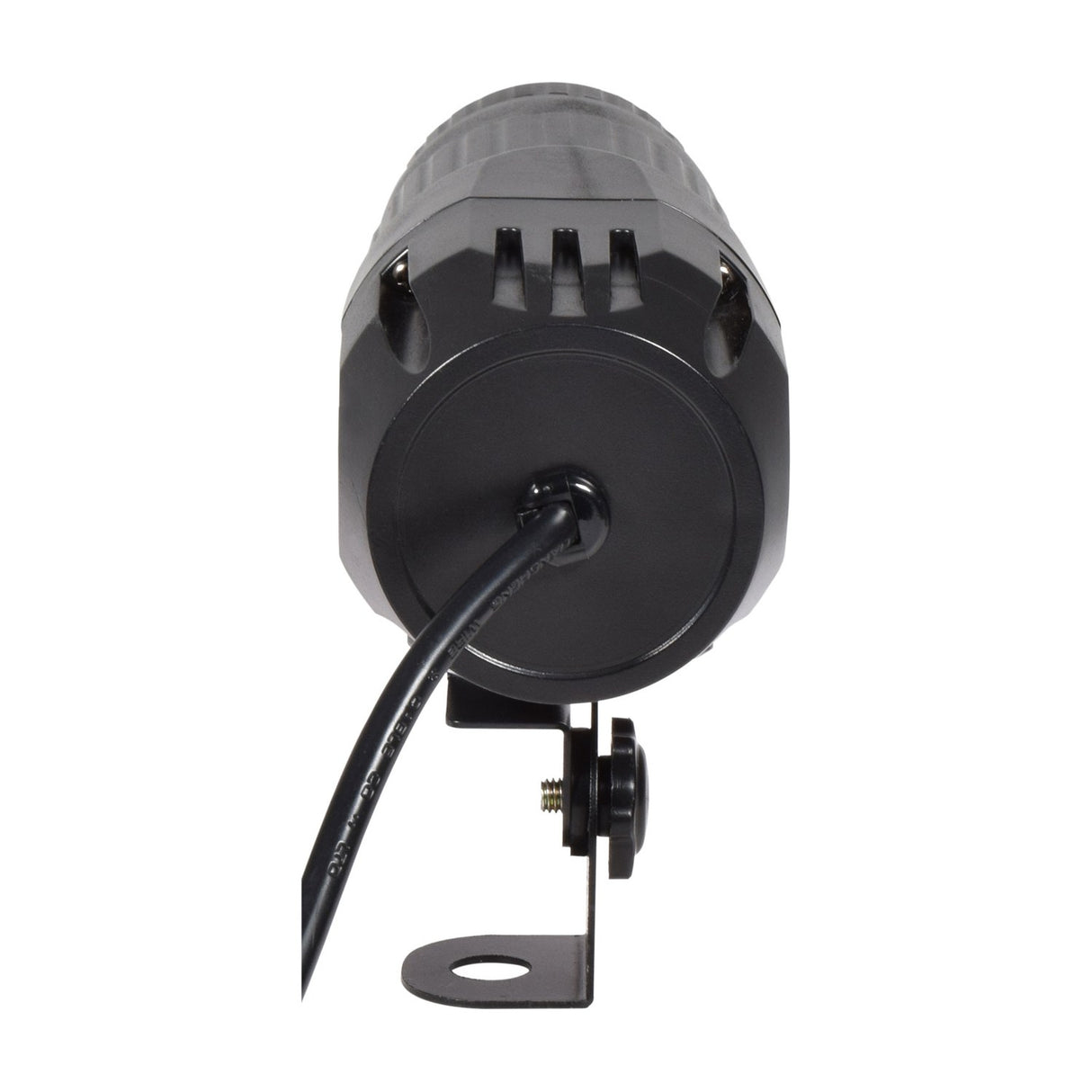 Rear view of the QTX 10W RGBW LED spotlight in black, showing the vented cylindrical housing, exit cable, and tilt-adjustable mounting bracket.