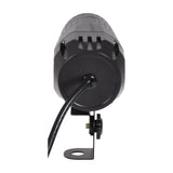 Rear view of the QTX 10W RGBW LED spotlight in black, showing the vented cylindrical housing, exit cable, and tilt-adjustable mounting bracket.