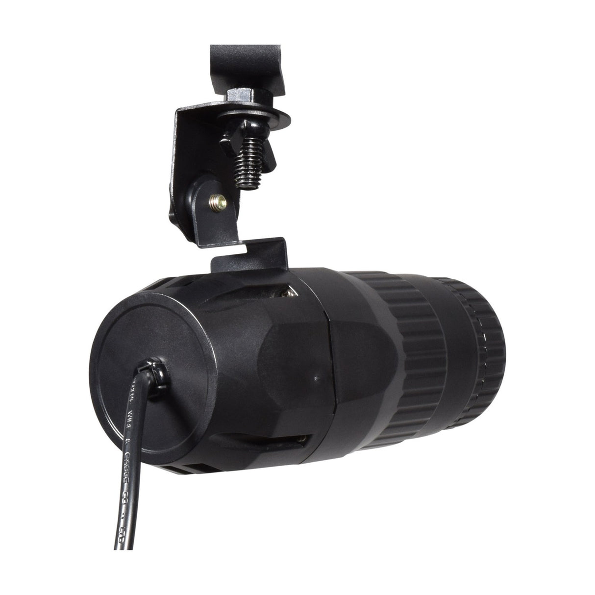 QTX 10W RGBW LED spotlight by AVSL in black with cylindrical ribbed housing, tilt bracket mount and power lead, shown on a white background.