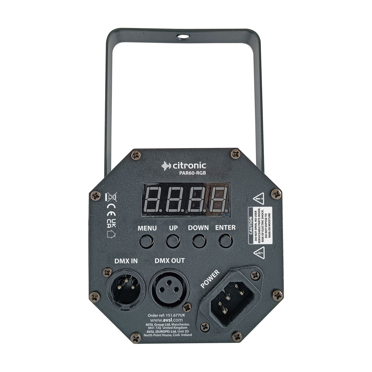 Rear view of the Citronic PAR60-RGB LED profile spotlight showing digital display, menu buttons, DMX in/out XLR ports and IEC power inlet.