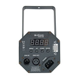 Rear view of the Citronic PAR60-RGB LED profile spotlight showing digital display, menu buttons, DMX in/out XLR ports and IEC power inlet.