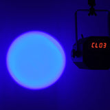 Citronic PAR60-RGB LED profile spotlight by AVSL casting a blue circular beam, with red CL03 display shown on the rear control panel.