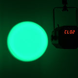 Citronic PAR60-RGB LED profile spotlight by AVSL projecting a focused green beam onto a wall, with red CL02 display illuminated on the rear control panel.