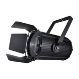 Citronic MFZ100-W mini Fresnel zoom LED stage light in matte black with barn doors, ribbed housing and heavy duty mounting bracket on a white background.