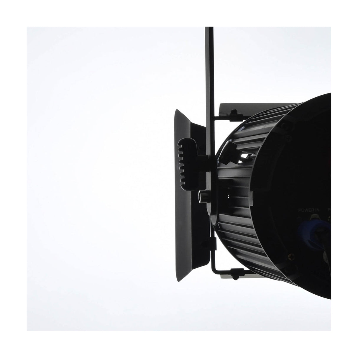 Side view of the Citronic MFZ100-W mini Fresnel LED stage light by AVSL in matte black, with barn doors and mounting bracket, on a white background.