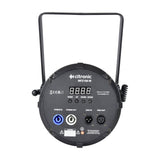 Rear view of the Citronic MFZ100-W mini Fresnel LED stage light showing digital display, control buttons, twist-lock power in/out and XLR DMX in/out.