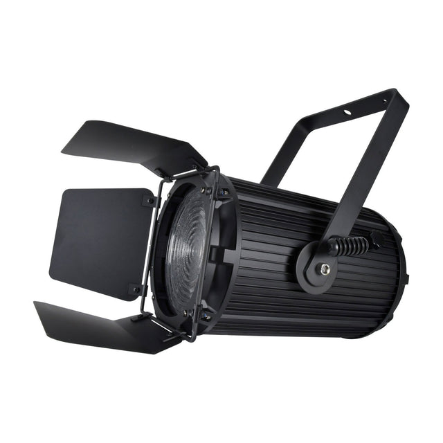 Citronic MFZ160-RGBW 160W mini Fresnel zoom LED stage light in matte black with barn doors, ribbed housing and mounting bracket on a white background.