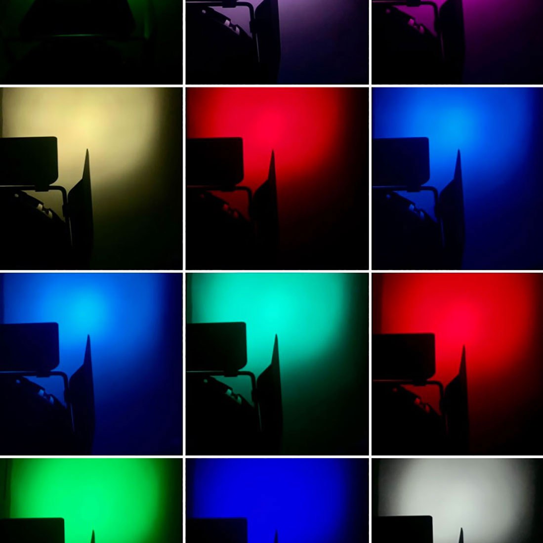 Grid of test shots showing the Citronic MFZ160-RGBW Mini Fresnel Zoom LED Light by AVSL projecting green, purple, pink, amber, red, blue, cyan and white washes.