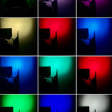 Grid of test shots showing the Citronic MFZ160-RGBW Mini Fresnel Zoom LED Light by AVSL projecting green, purple, pink, amber, red, blue, cyan and white washes.