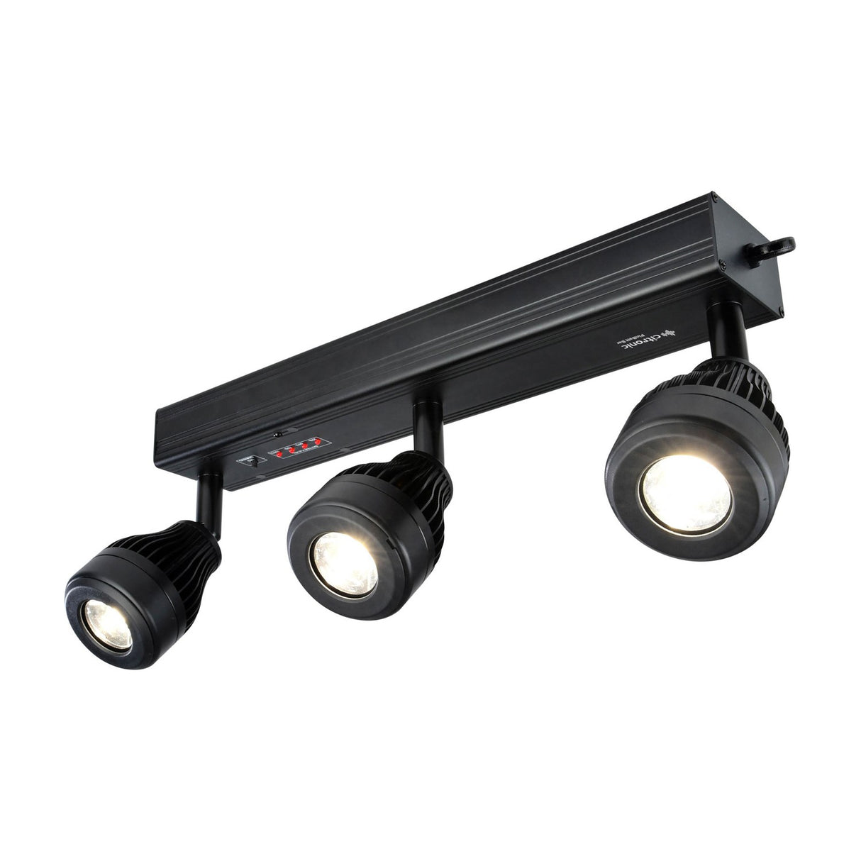 Citronic PinBatt Bar battery-powered LED pinspot bar in matte black with three adjustable warm white spotlight heads and control panel, on a white background.