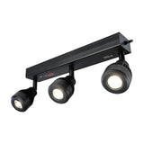 Citronic PinBatt Bar battery-powered LED pinspot bar in matte black with three adjustable warm white spotlight heads and control panel, on a white background.