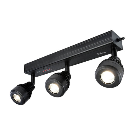 Citronic PinBatt Bar battery-powered LED pinspot bar in matte black with three adjustable warm white spotlight heads and control panel, on a white background.