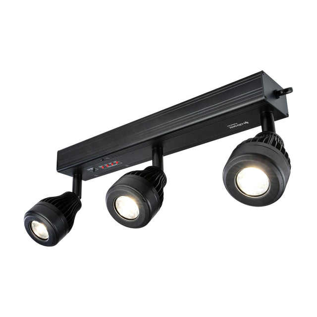 Citronic PinBatt Bar battery-powered LED pinspot bar in matte black with three adjustable warm white spotlight heads and control panel, on a white background.