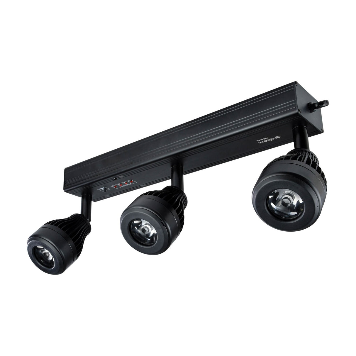 Citronic PinBatt Bar battery LED pinspot bar in matte black with three adjustable warm white spotlight heads on a rectangular housing.