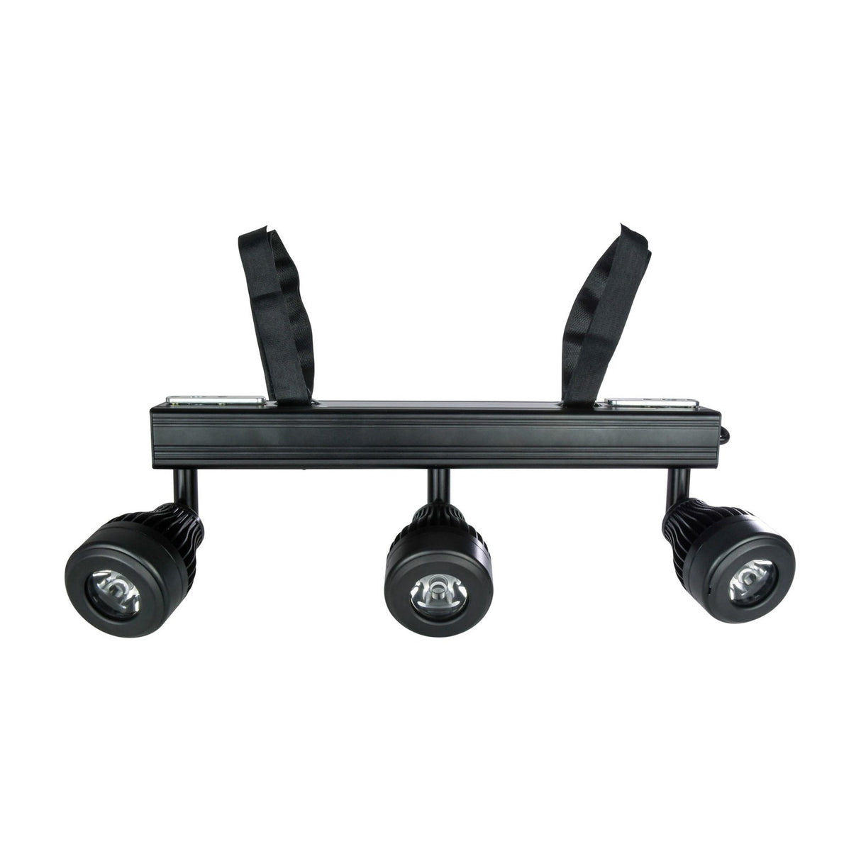 Citronic PinBatt Bar battery LED pinspot bar by AVSL with three adjustable matte black spotlight heads and carry straps on a white background.