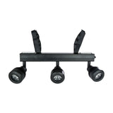 Citronic PinBatt Bar battery LED pinspot bar by AVSL with three adjustable matte black spotlight heads and carry straps on a white background.