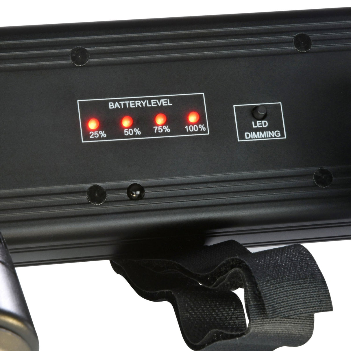Close-up of the Citronic PinBatt Bar battery LED pinspot bar showing illuminated red battery level indicators at 25, 50, 75 and 100% and LED dimming button.
