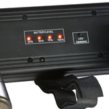 Close-up of the Citronic PinBatt Bar battery LED pinspot bar showing illuminated red battery level indicators at 25, 50, 75 and 100% and LED dimming button.