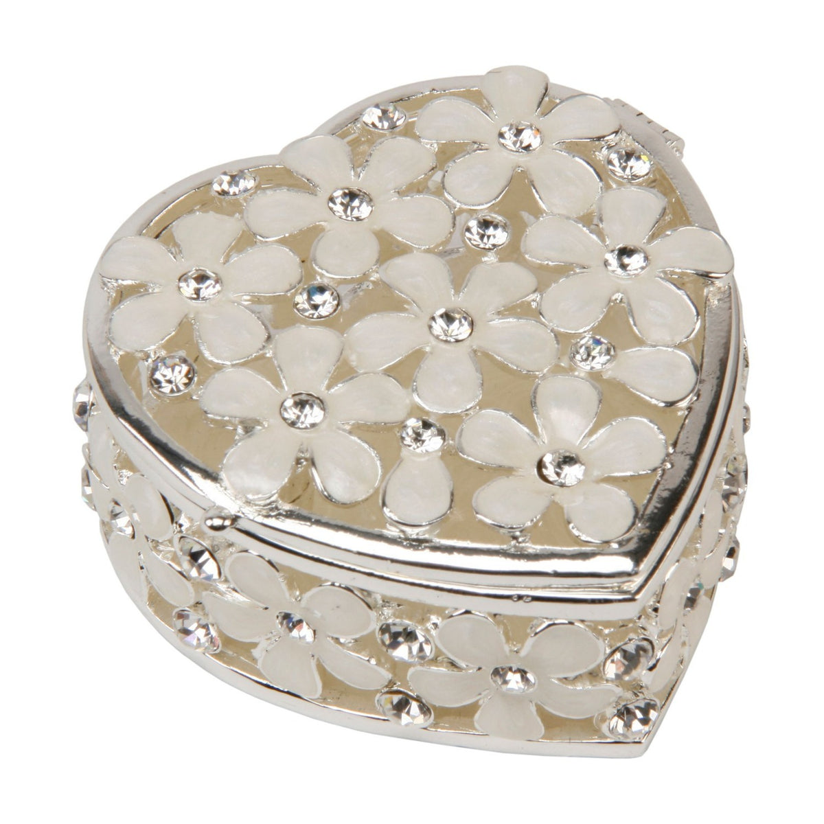 Heart Metal Trinket Box with Flowers & Crystals - Cream & Silver