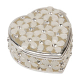 Heart Metal Trinket Box with Flowers & Crystals - Cream & Silver