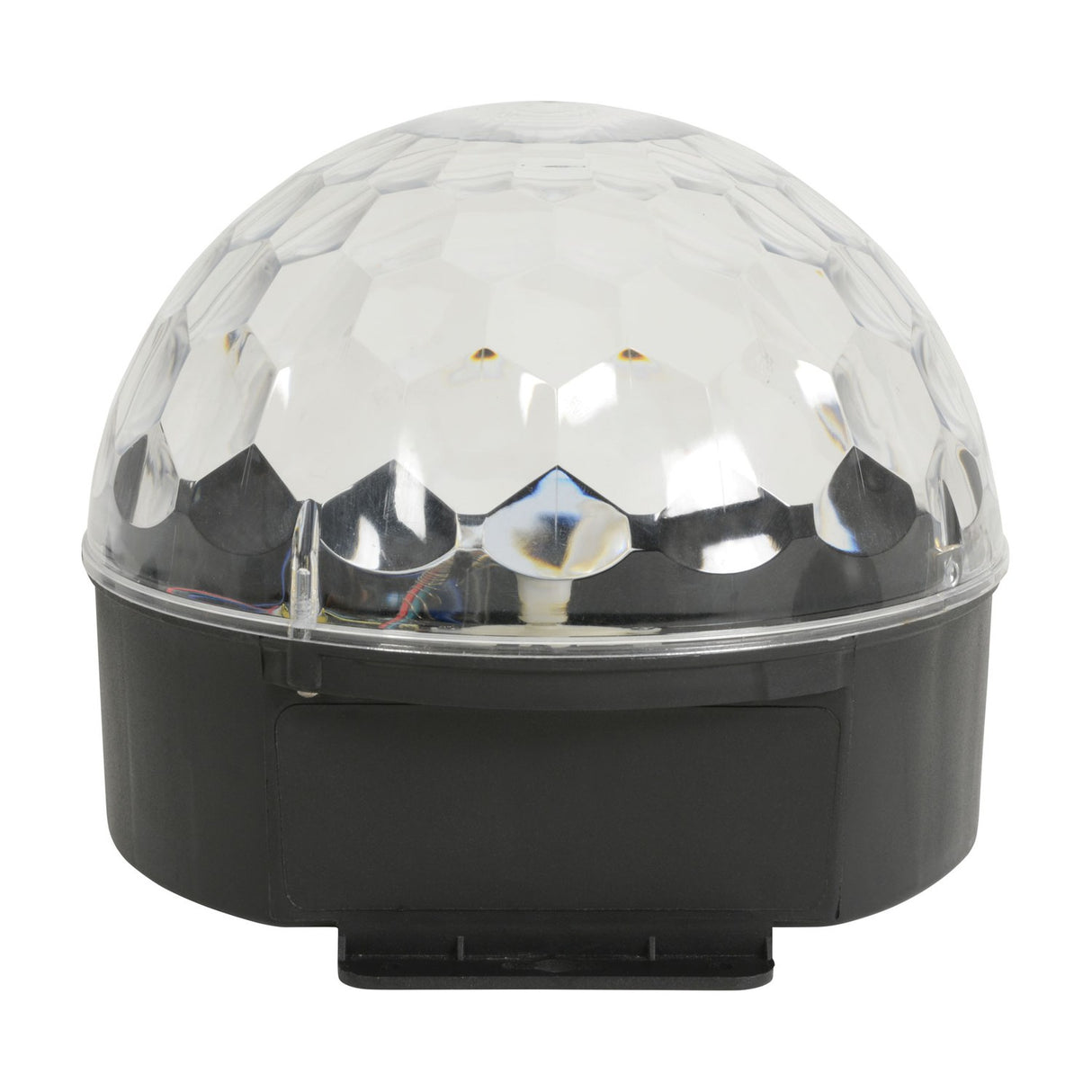 QTX Moonglow LED disco ball effect light with clear faceted polycarbonate dome and black base, shown side-on against a white background.