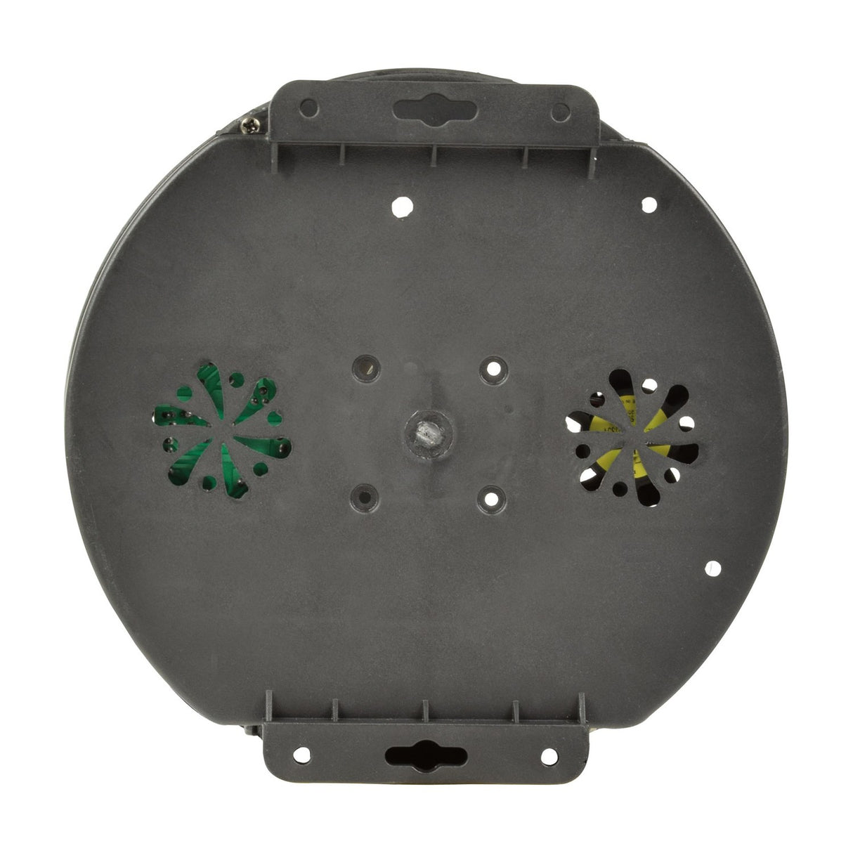 Rear view of the QTX Moonglow LED disco ball effect showing the round black polycarbonate base with mounting brackets, vents, and fixing holes.