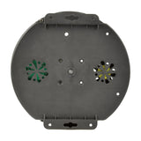 Rear view of the QTX Moonglow LED disco ball effect showing the round black polycarbonate base with mounting brackets, vents, and fixing holes.