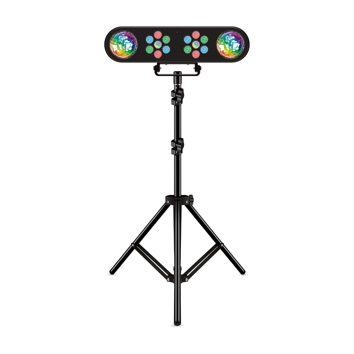QTX 14x1W LED Par light bar in black with two rotating RGB magic ball effects and multicoloured LEDs, mounted on an adjustable black tripod stand.