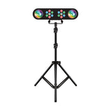 QTX 14x1W LED Par light bar in black with two rotating RGB magic ball effects and multicoloured LEDs, mounted on an adjustable black tripod stand.