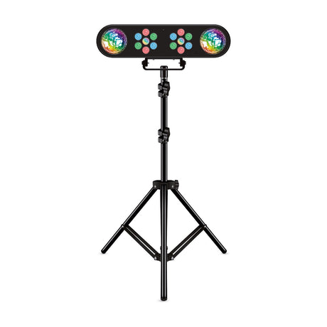 QTX 14x1W LED Par light bar in black with two rotating RGB magic ball effects and multicoloured LEDs, mounted on an adjustable black tripod stand.
