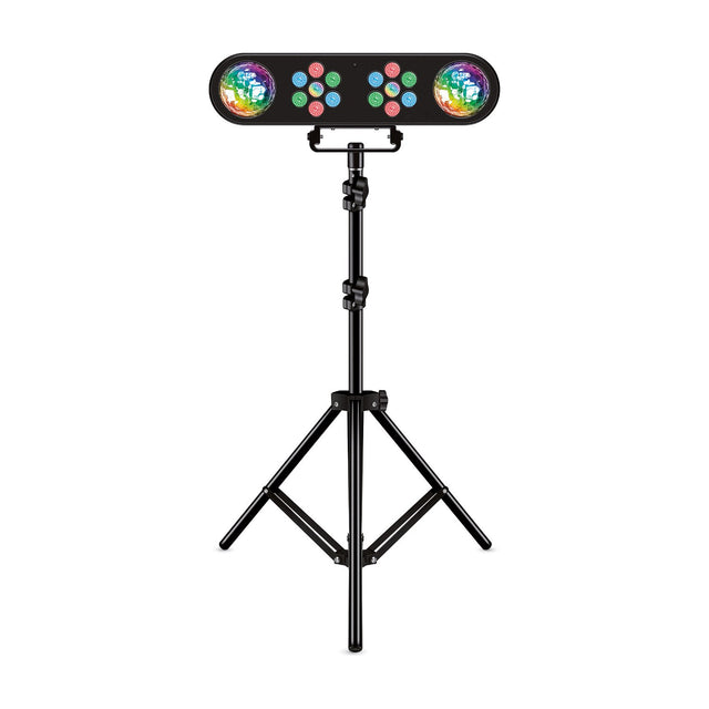 QTX 14x1W LED Par light bar in black with two rotating RGB magic ball effects and multicoloured LEDs, mounted on an adjustable black tripod stand.