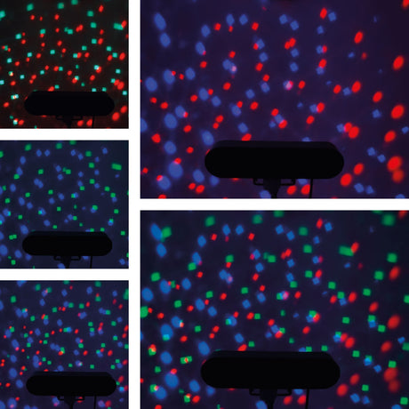 QTX 14x1W LED Par Light by AVSL shown in use, projecting red, green and blue RGB dot patterns across a dark surface in multiple lighting modes.