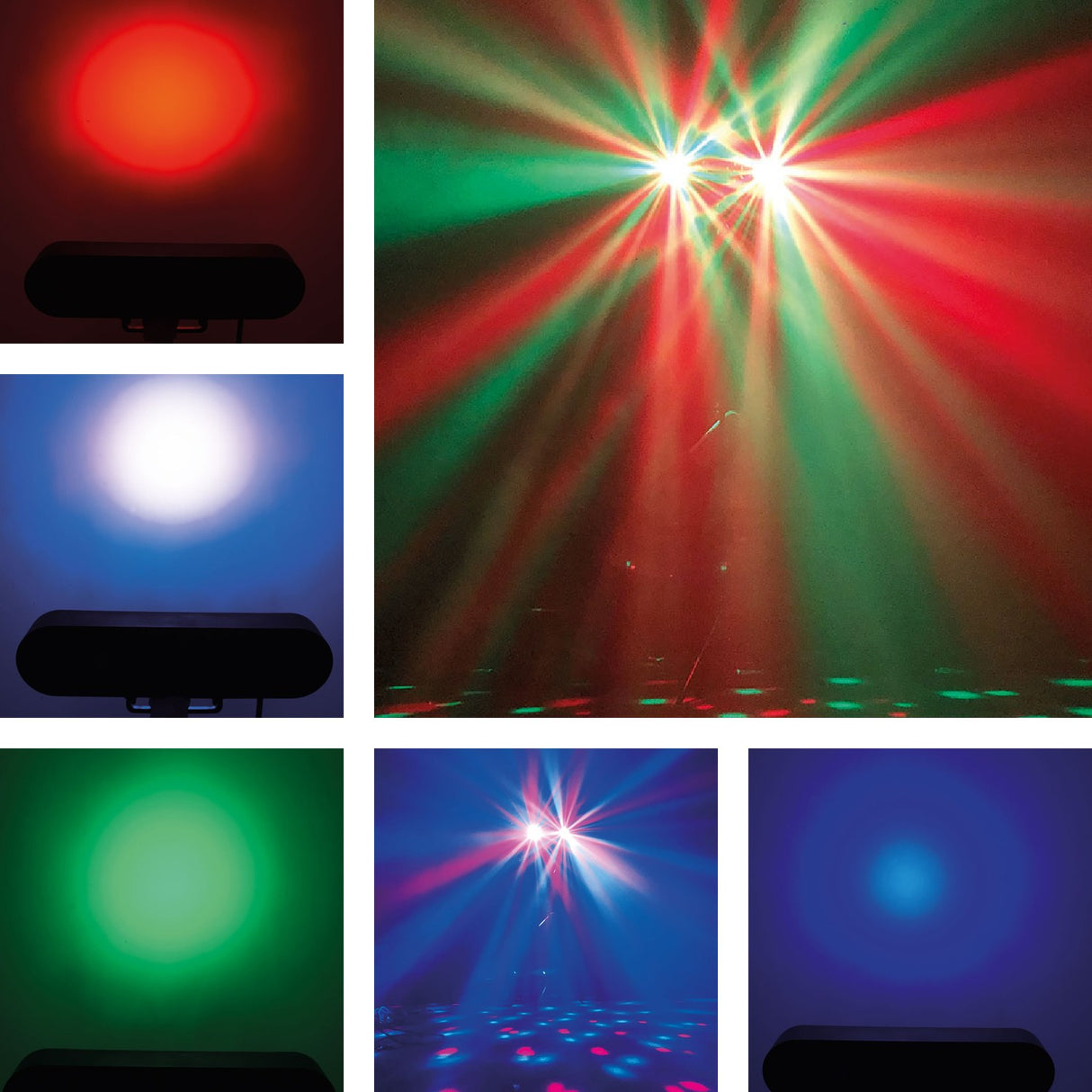QTX 14x1W LED par light collage by AVSL showing red, blue and green wash effects plus rotating red, green and blue magic ball patterns.