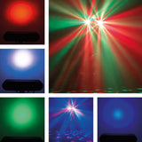 QTX 14x1W LED par light collage by AVSL showing red, blue and green wash effects plus rotating red, green and blue magic ball patterns.