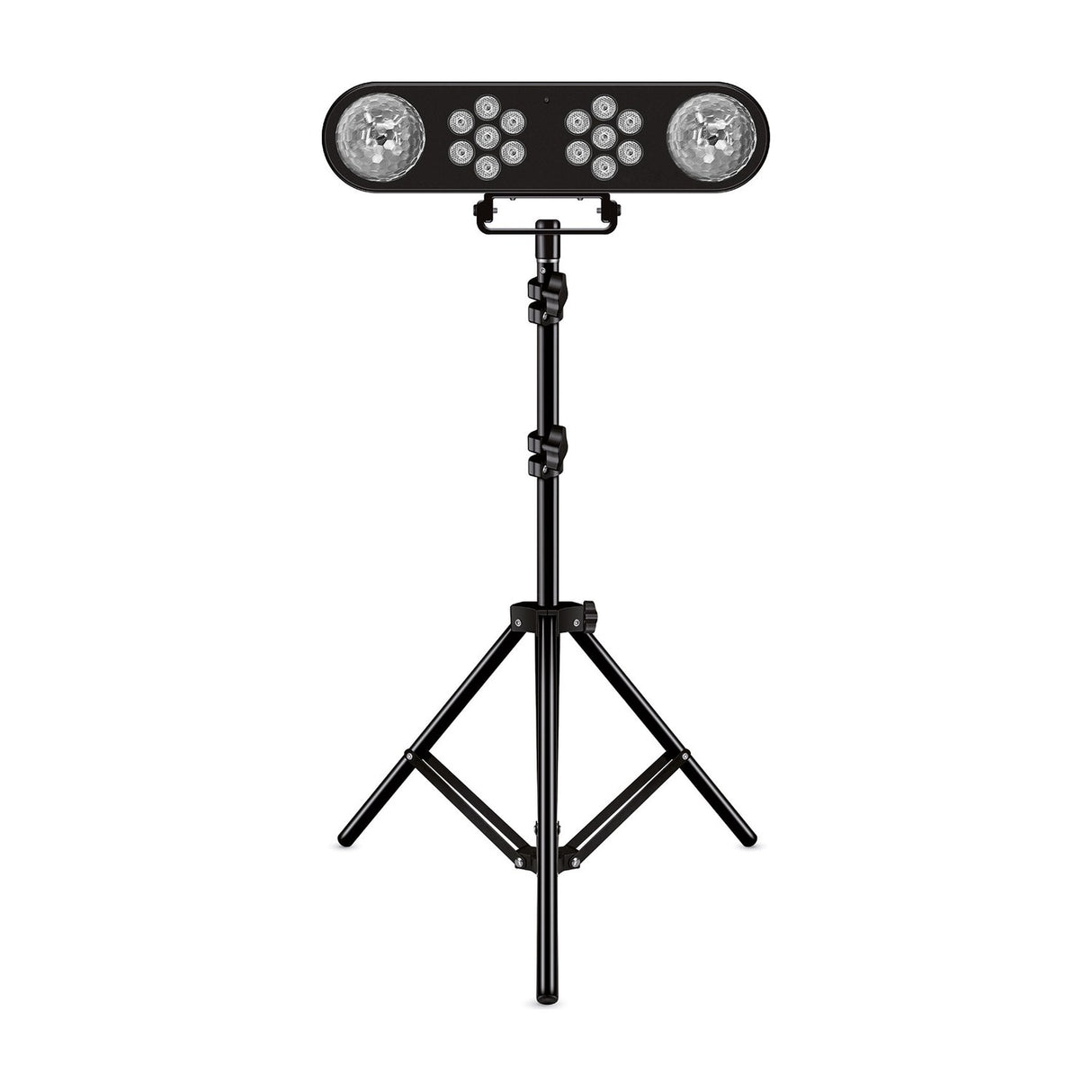 QTX 14x1W LED Par Light bar in black with two magic ball effects, mounted on the included height-adjustable black tripod stand against a white background.