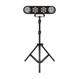 QTX 14x1W LED Par Light bar in black with two magic ball effects, mounted on the included height-adjustable black tripod stand against a white background.
