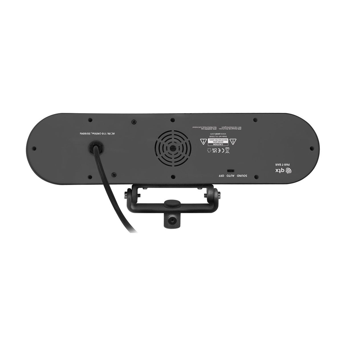 Rear view of QTX PAR-T Bar RGB LED par light in black ABS housing with mounting bracket, cooling vent, sound/auto/off switch and power cable.