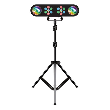 The QTX 14x1W LED Par Light With Tripod - RGB is a black stage light ideal for DJs, displaying vibrant colors while mounted on its adjustable stand against a white backdrop.
