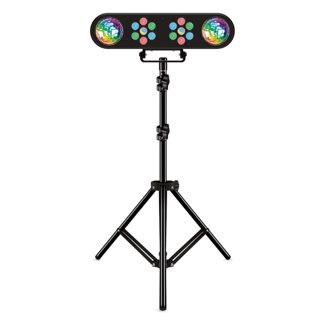 The QTX 14x1W LED Par Light With Tripod - RGB is a black stage light ideal for DJs, displaying vibrant colors while mounted on its adjustable stand against a white backdrop.