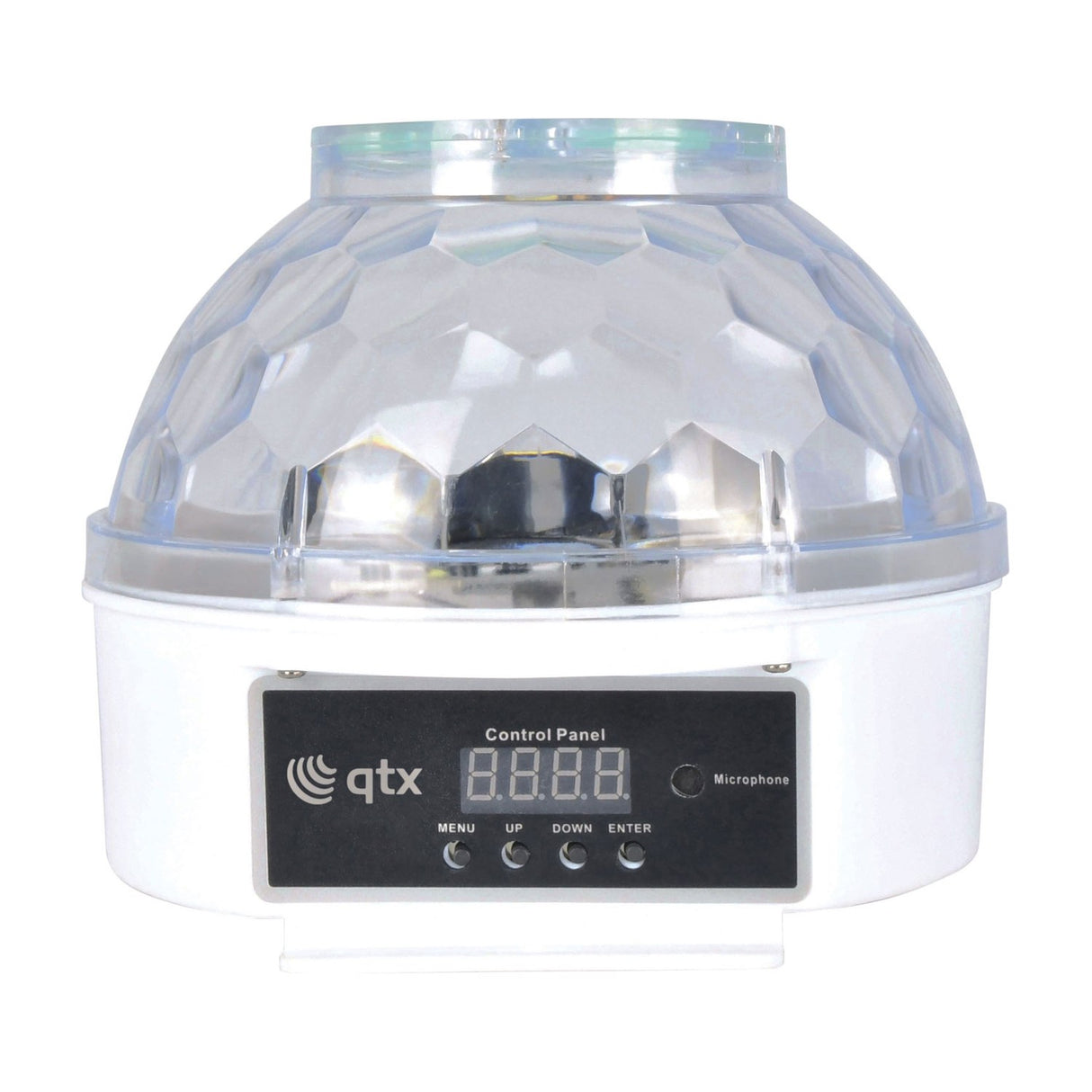QTX Crystal Blaze RGBW tabletop LED light effect with faceted clear dome, white base and front control panel with digital display, buttons and microphone.