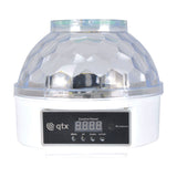 QTX Crystal Blaze RGBW tabletop LED light effect with faceted clear dome, white base and front control panel with digital display, buttons and microphone.
