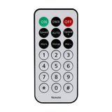 QTX Crystal Blaze RF remote by AVSL with green ON, red OFF, DMX, Speed, AUTO, mic and Voice controls above a numeric keypad on white.