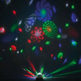 AVSL QTX Crystal Blaze RGBW tabletop LED light effect projecting red, green and blue GOBO patterns and coloured beams across a dark room.