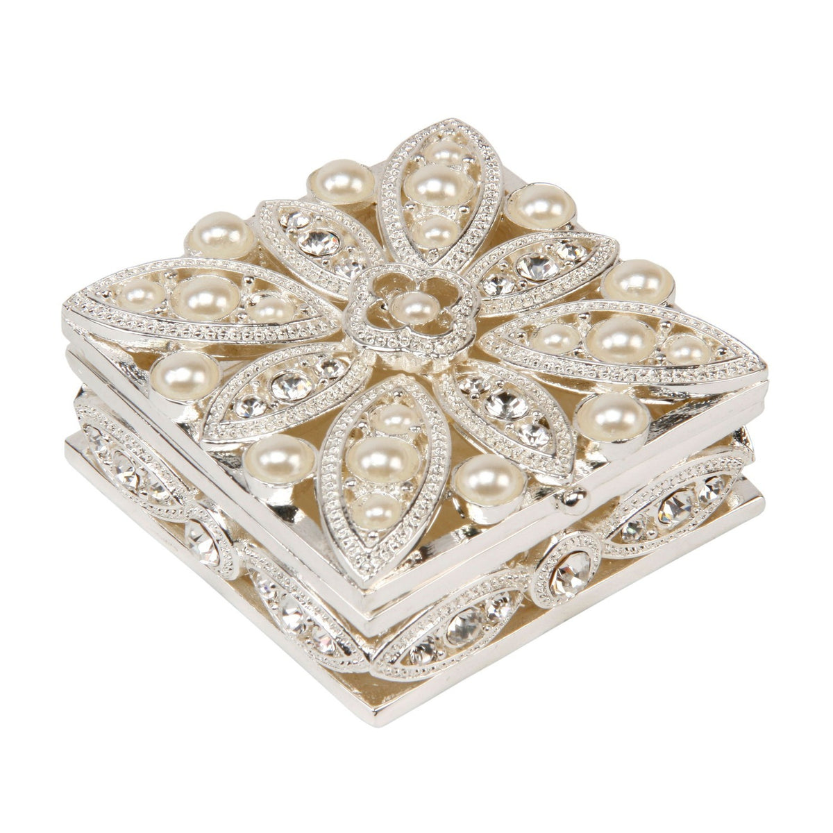 Pearl and Crystal Square Petal Design Metal Trinket Box - Silver