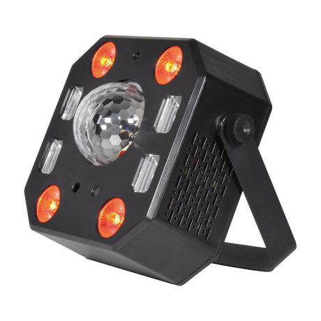 QTX Pentaflash 5-in-1 LED par strobe laser effect light in black ABS housing with four red RGBW pars, central effect ball, strobe LEDs and mounting bracket.