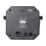 Rear panel of the QTX Pentaflash 5-in-1 LED par strobe laser effect light in black, showing LED display, menu buttons, DMX in/out, power inlet and laser switch.