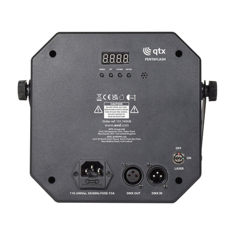 Rear panel of the QTX Pentaflash 5-in-1 LED par strobe laser effect light in black, showing LED display, menu buttons, DMX in/out, power inlet and laser switch.